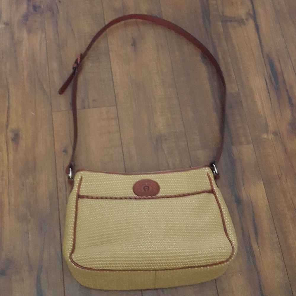 Etienne Aigner‎ Woven Straw Leather Trim Crossbody Bag Tan Cognac Brown Vintage - Picture 2 of 7